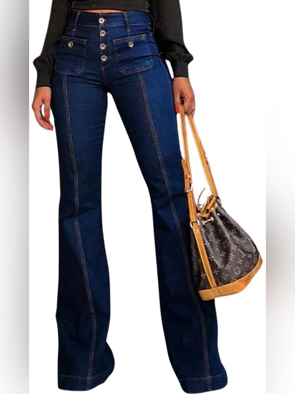 Amazon Dark Blue High-Rise Flare Jeans with Exposed Button Front - LARGE or M